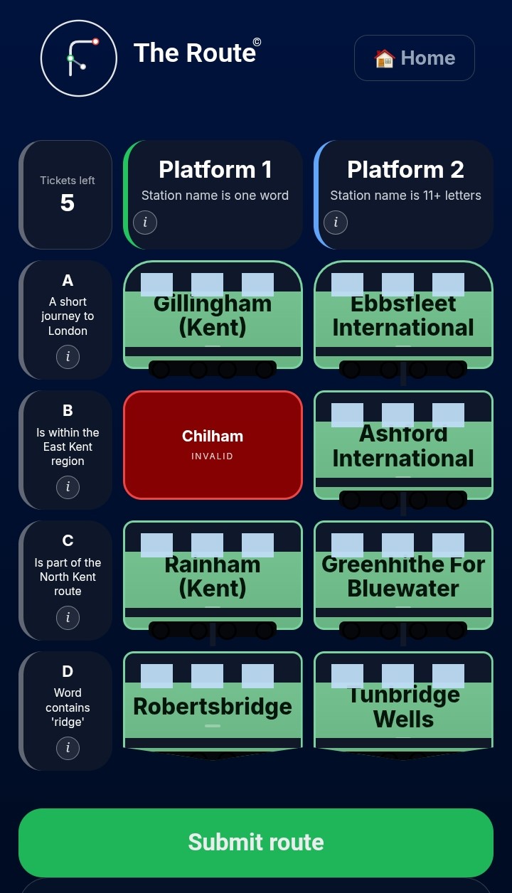 A partly solved Route puzzle grid